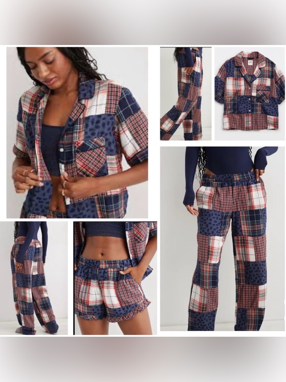 Aerie Skater Plaid 3pc Flannel Short Sleeve Top Ruffle Shorts Pants Pajamas M